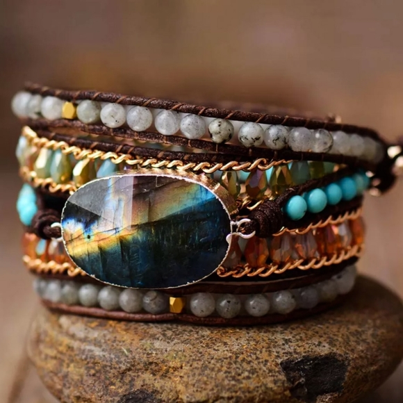 Svetlana Accessories - Ladies Handcrafted Leather Gemstone Wrap Bracelet